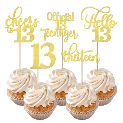 Rsstarxi 30 Pack 13th Birthday Cupcake Toppers Gold Glitter Hello 13 Cupcake Picks Official Teenager Cheers to 13 Years Old Cake Decorations for 13th Birthday Anniversary Party Supplies