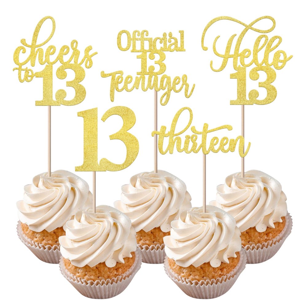 Rsstarxi 30 Pack 13th Birthday Cupcake Toppers Gold Glitter Hello 13 Cupcake Picks Official Teenager Cheers to 13 Years Old Cake Decorations for 13th Birthday Anniversary Party Supplies