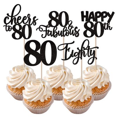 Rsstarxi 30 Pack Happy 80th Birthday Cupcake Toppers Black Glitter Eighty Cheers to 80 Years Old Cupcake Picks for Anniversary Party Cake Decorations