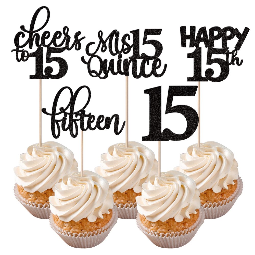 Rsstarxi 30 Pack 15th Birthday Cupcake Toppers Black Glitter Fifteen Cupcake Picks Cheers to 15 Years Old Mis Quince 15 Cake Decorations for 15th Birthday Anniversary Party