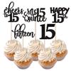 Rsstarxi 30 Pack 15th Birthday Cupcake Toppers Black Glitter Fifteen Cupcake Picks Cheers to 15 Years Old Mis Quince 15 Cake Decorations for 15th Birthday Anniversary Party view 1
