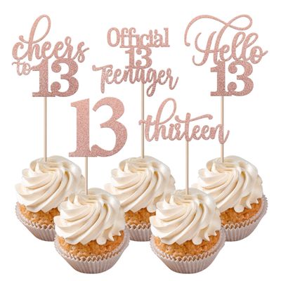 Rsstarxi 30 Pack 13th Birthday Cupcake Toppers Rose Gold Glitter Hello 13 Cupcake Picks Official Teenager Cheers to 13 Years Old Cake Decorations for 13th Birthday Anniversary Party Supplies
