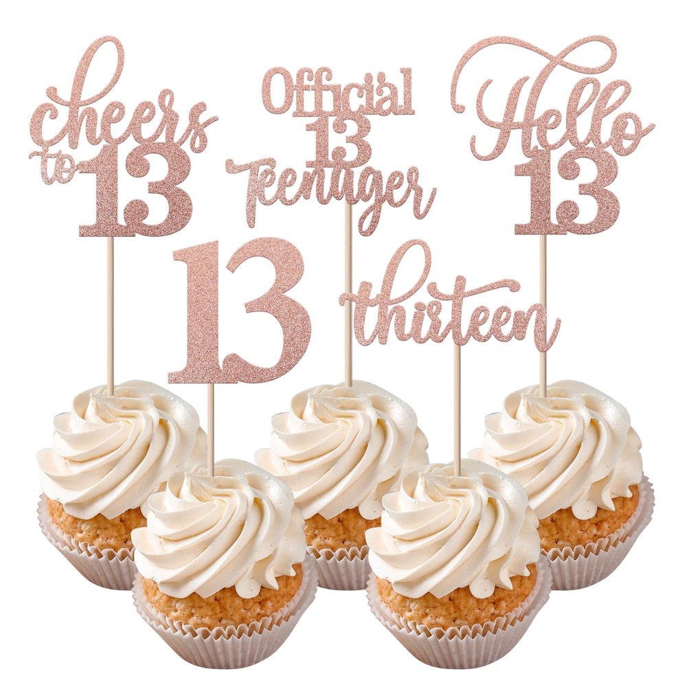 Rsstarxi 30 Pack 13th Birthday Cupcake Toppers Rose Gold Glitter Hello 13 Cupcake Picks Official Teenager Cheers to 13 Years Old Cake Decorations for 13th Birthday Anniversary Party Supplies