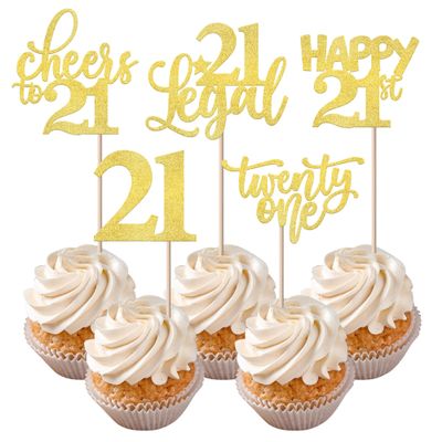 Rsstarxi 30 Pack 21st Birthday Cupcake Toppers Gold Glitter Twenty One Legal Cupcake Picks Cheers to 21 Years Old Cake Decorations for 21st Birthday Anniversary Party Supplies