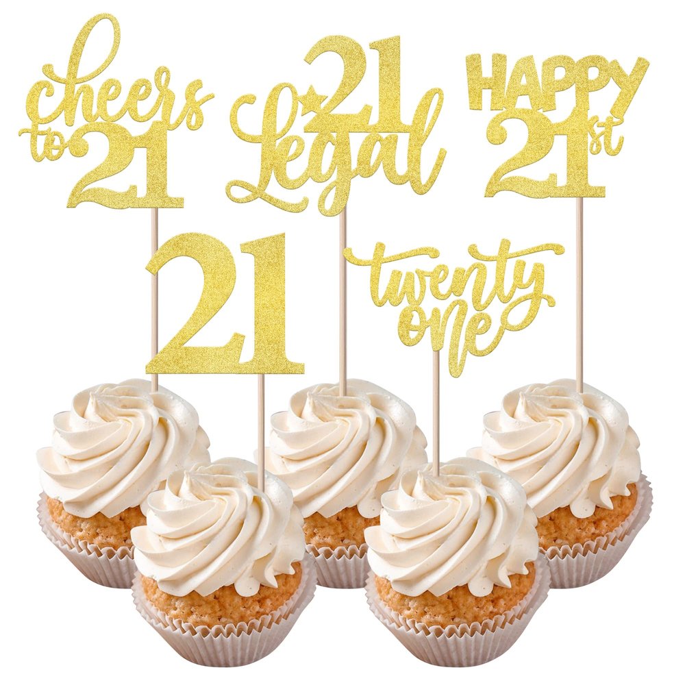 Rsstarxi 30 Pack 21st Birthday Cupcake Toppers Gold Glitter Twenty One Legal Cupcake Picks Cheers to 21 Years Old Cake Decorations for 21st Birthday Anniversary Party Supplies