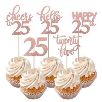 Rsstarxi 30 Pack 25th Birthday Cupcake Toppers Rose Gold Glitter Twenty Five Legal Cupcake Picks Cheers to 25 Years Old Cake Decorations for 25th Birthday Anniversary Party Supplies