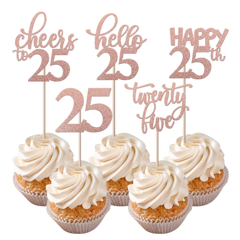 Rsstarxi 30 Pack 25th Birthday Cupcake Toppers Rose Gold Glitter Twenty Five Legal Cupcake Picks Cheers to 25 Years Old Cake Decorations for 25th Birthday Anniversary Party Supplies
