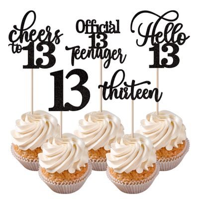 Rsstarxi 30 Pack 13th Birthday Cupcake Toppers Black Glitter Hello 13 Cupcake Picks Official Teenager Cheers to 13 Years Old Cake Decorations for 13th Birthday Anniversary Party Supplies
