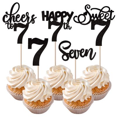 Rsstarxi 30 Pack 7th Birthday Cupcake Toppers Black Glitter Seven Happy 7 Cupcake Picks Cheers to 7 Years Old Cake Decorations for 7th Birthday Party Supplies