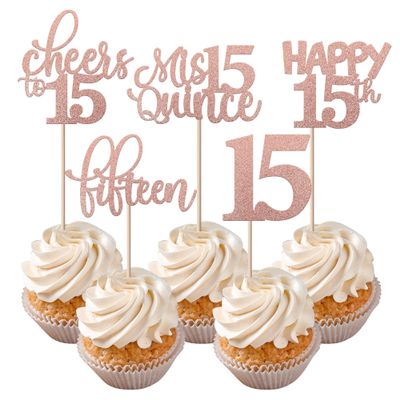 Rsstarxi 30 Pack 15th Birthday Cupcake Toppers Rose Gold Glitter Fifteen Cupcake Picks Cheers to 15 Years Old Mis Quince 15 Cake Decorations for 15th Birthday Anniversary Party