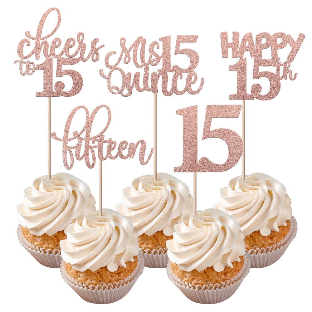 Rsstarxi 30 Pack 15th Birthday Cupcake Toppers Rose Gold Glitter Fifteen Cupcake Picks Cheers to 15 Years Old Mis Quince 15 Cake Decorations for 15th Birthday Anniversary Party