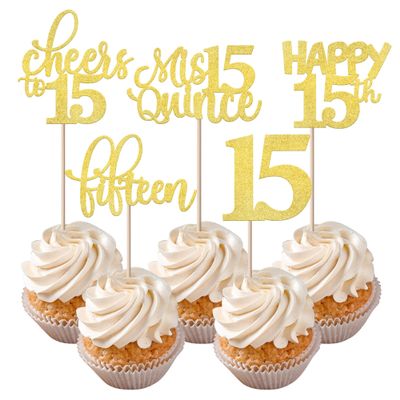 Rsstarxi 30 Pack 15th Birthday Cupcake Toppers Gold Glitter Fifteen Cupcake Picks Cheers to 15 Years Old Mis Quince 15 Cake Decorations for 15th Birthday Anniversary Party