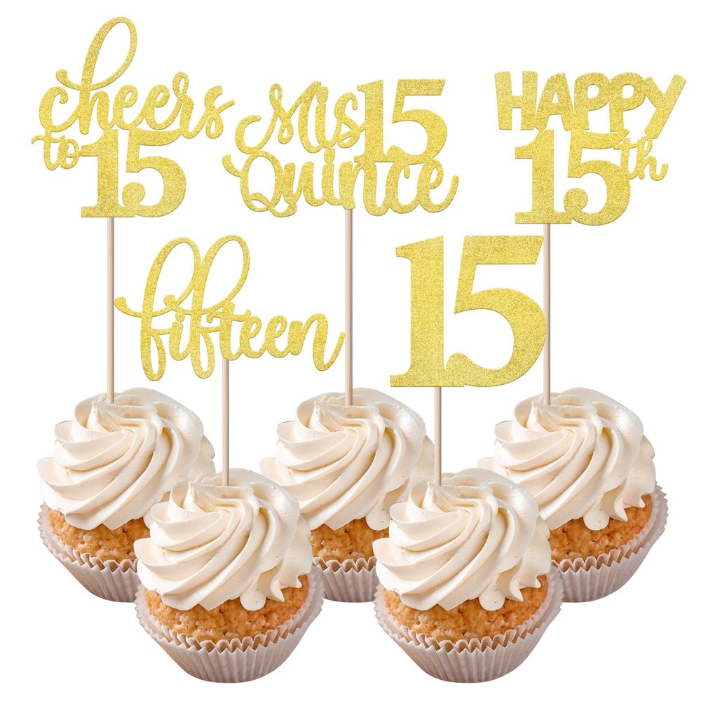Rsstarxi 30 Pack 15th Birthday Cupcake Toppers Gold Glitter Fifteen Cupcake Picks Cheers to 15 Years Old Mis Quince 15 Cake Decorations for 15th Birthday Anniversary Party