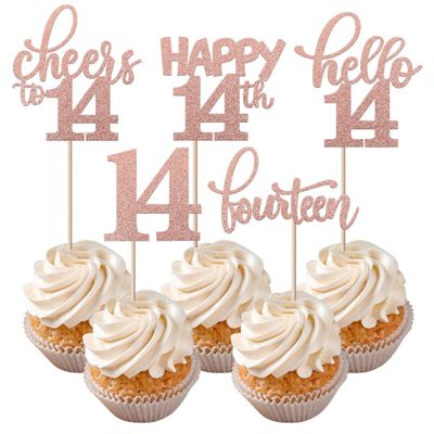 Rsstarxi 30 Pack 14th Birthday Cupcake Toppers Rose Gold Glitter Hello 14 Cupcake Picks Fourteen Cheers to 14 Years Old Cake Decorations for 14th Birthday Anniversary Party Supplies