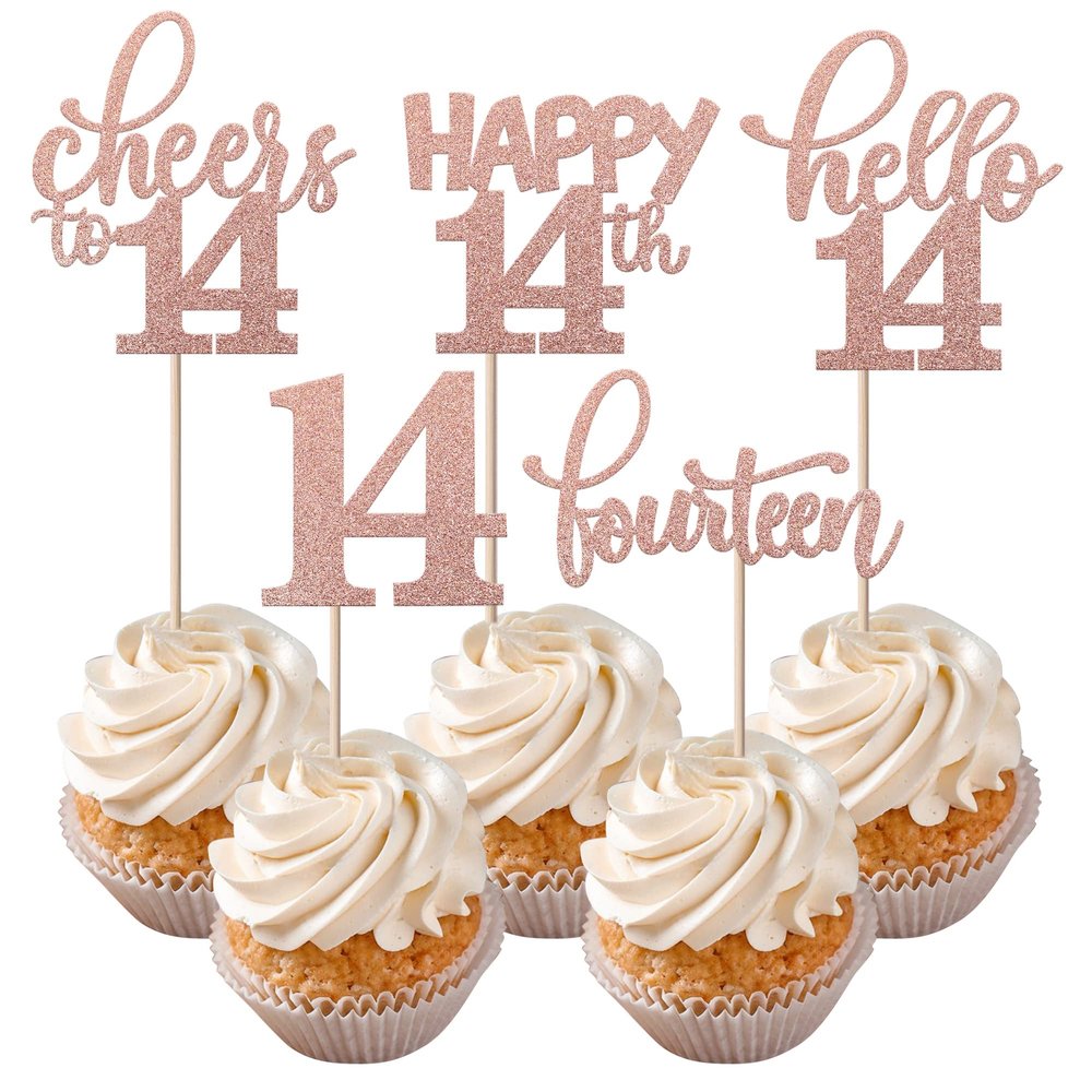 Rsstarxi 30 Pack 14th Birthday Cupcake Toppers Rose Gold Glitter Hello 14 Cupcake Picks Fourteen Cheers to 14 Years Old Cake Decorations for 14th Birthday Anniversary Party Supplies
