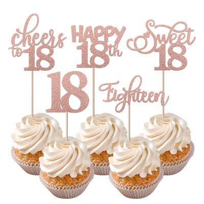 Rsstarxi 30 Pack 18th Birthday Cupcake Toppers Rose Gold Glitter Eighteen Happy Cupcake Picks Sweet 18 Cheers to 18 Cake Decorations for 18th Birthday Anniversary Party Supplies