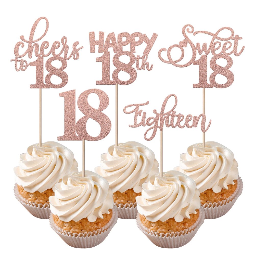 Rsstarxi 30 Pack 18th Birthday Cupcake Toppers Rose Gold Glitter Eighteen Happy Cupcake Picks Sweet 18 Cheers to 18 Cake Decorations for 18th Birthday Anniversary Party Supplies