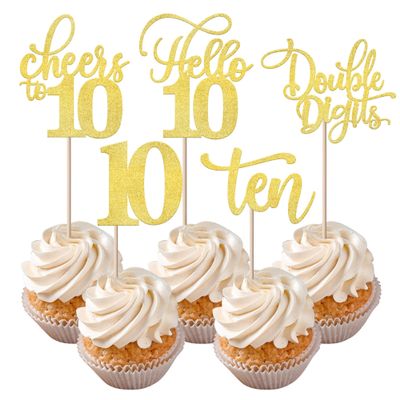 Rsstarxi 30 Pack 10th Birthday Cupcake Toppers Gold Glitter Ten Double Hello 10 Cupcake Picks Cheers to 10 Years Old Cake Decorations for 10th Birthday Party Supplies