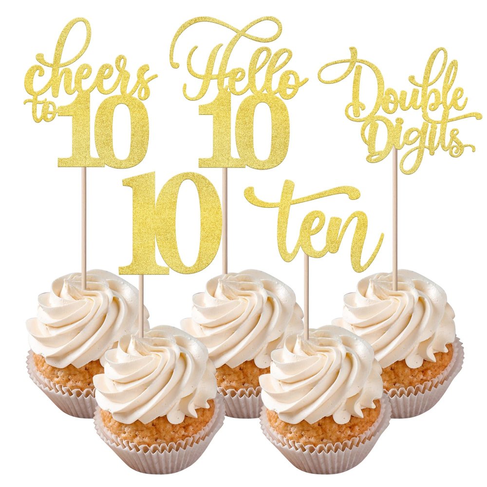 Rsstarxi 30 Pack 10th Birthday Cupcake Toppers Gold Glitter Ten Double Hello 10 Cupcake Picks Cheers to 10 Years Old Cake Decorations for 10th Birthday Party Supplies