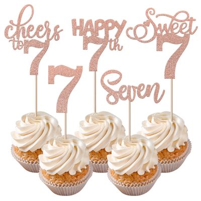 Rsstarxi 30 Pack 7th Birthday Cupcake Toppers Rose Gold Glitter Seven Happy 7 Cupcake Picks Cheers to 7 Years Old Cake Decorations for 7th Birthday Party Supplies