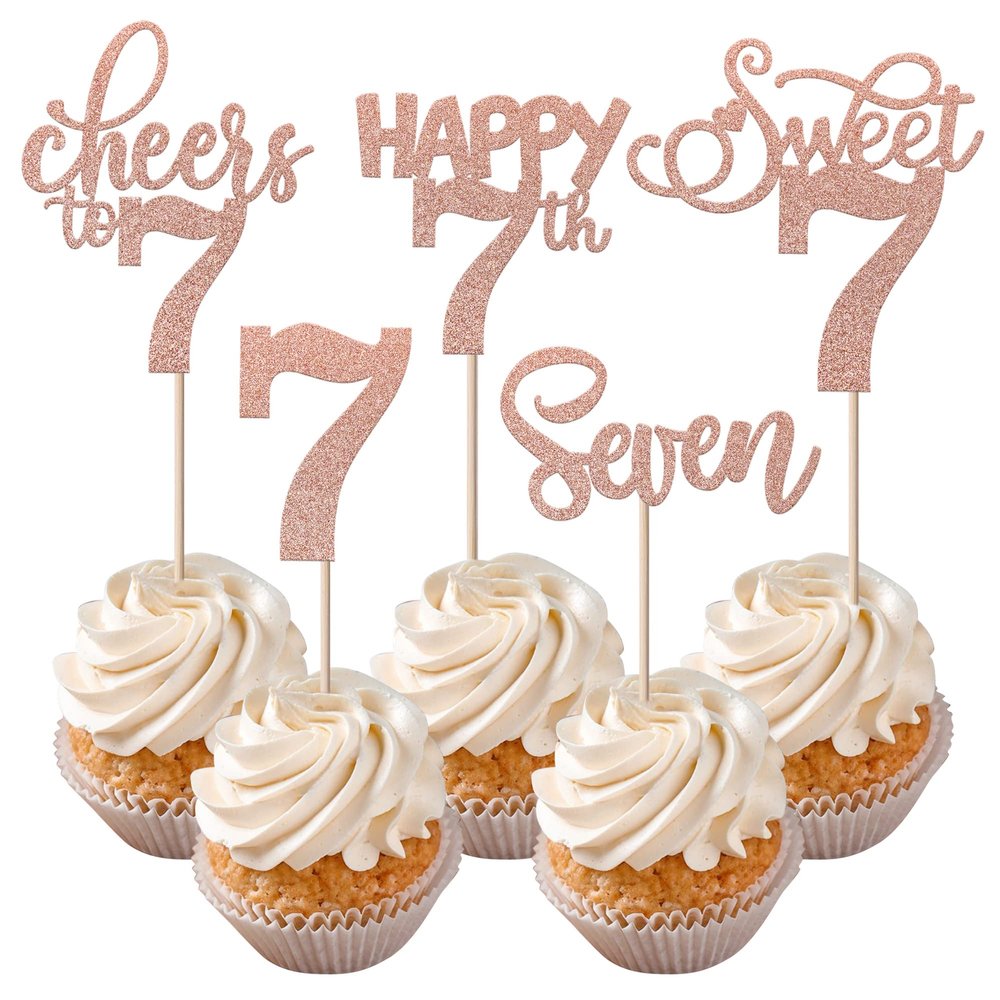 Rsstarxi 30 Pack 7th Birthday Cupcake Toppers Rose Gold Glitter Seven Happy 7 Cupcake Picks Cheers to 7 Years Old Cake Decorations for 7th Birthday Party Supplies