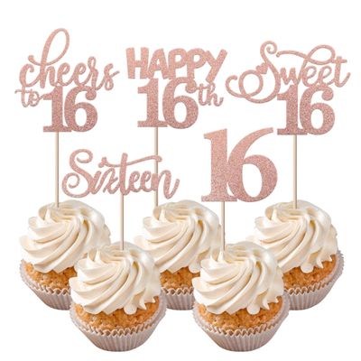 Rsstarxi 30 Pack Sweet 16th Birthday Cupcake Toppers Sweet 16 Party Decorations Rose Gold Sixteen Cheers to 16 Sweet 16 Cake Decorations for 16th Birthday Anniversary Party Supplies