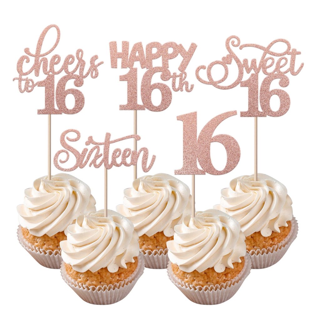 Rsstarxi 30 Pack Sweet 16th Birthday Cupcake Toppers Sweet 16 Party Decorations Rose Gold Sixteen Cheers to 16 Sweet 16 Cake Decorations for 16th Birthday Anniversary Party Supplies
