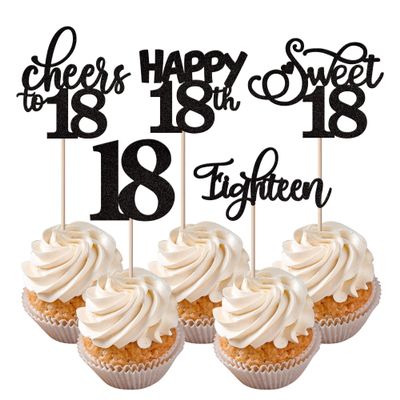 Rsstarxi 30 Pack 18th Birthday Cupcake Toppers Black Glitter Eighteen Happy Cupcake Picks Sweet 18 Cheers to 18 Cake Decorations for 18th Birthday Anniversary Party Supplies