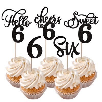 Rsstarxi 30 Pack 6th Birthday Cupcake Toppers Black Glitter Six Hello 6 Cupcake Picks Cheers to 6 Years Old Cake Decorations for 6th Birthday Party Supplies