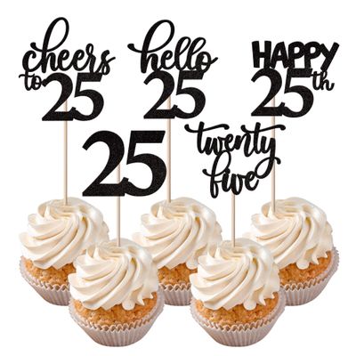 Rsstarxi 30 Pack 25th Birthday Cupcake Toppers Black Glitter Twenty Five Legal Cupcake Picks Cheers to 25 Years Old Cake Decorations for 25th Birthday Anniversary Party Supplies