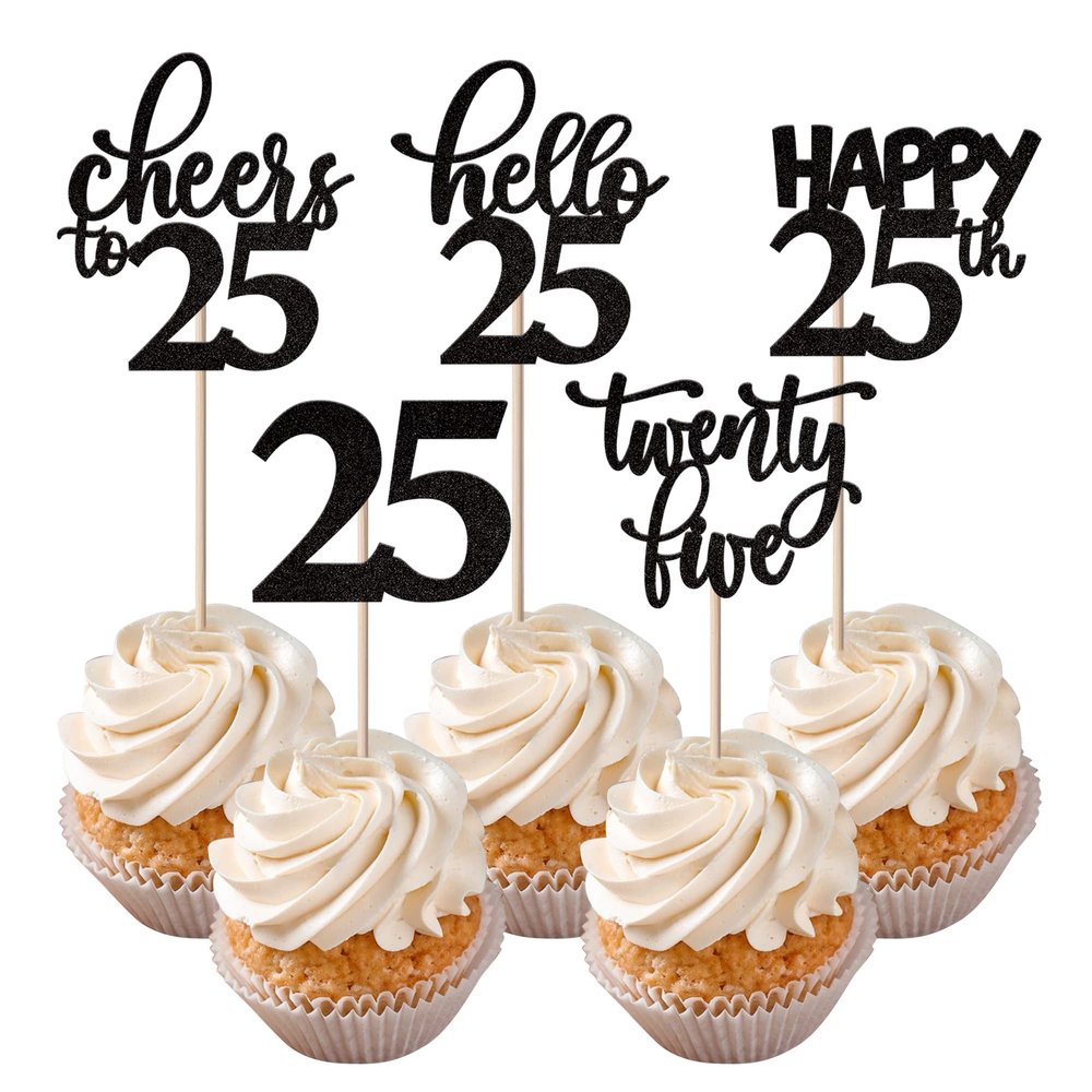 Rsstarxi 30 Pack 25th Birthday Cupcake Toppers Black Glitter Twenty Five Legal Cupcake Picks Cheers to 25 Years Old Cake Decorations for 25th Birthday Anniversary Party Supplies