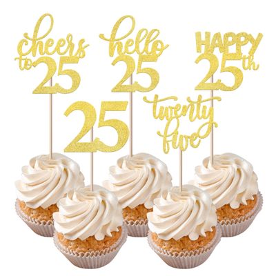 Rsstarxi 30 Pack 25th Birthday Cupcake Toppers Gold Glitter Twenty Five Legal Picks - Cheers to 25 Years Old Cake Decorations for Birthday Anniversary Party Supplies