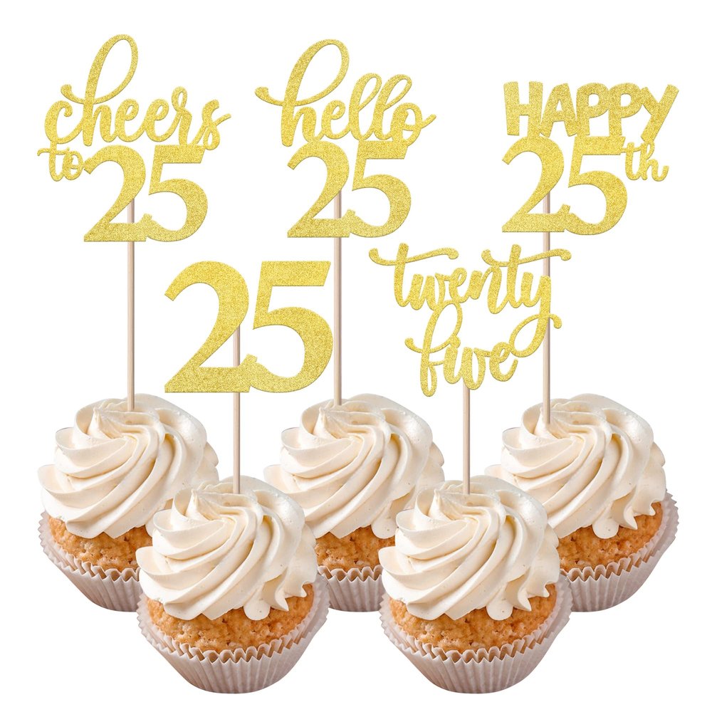 Rsstarxi 30 Pack 25th Birthday Cupcake Toppers Gold Glitter Twenty Five Legal Picks - Cheers to 25 Years Old Cake Decorations for Birthday Anniversary Party Supplies
