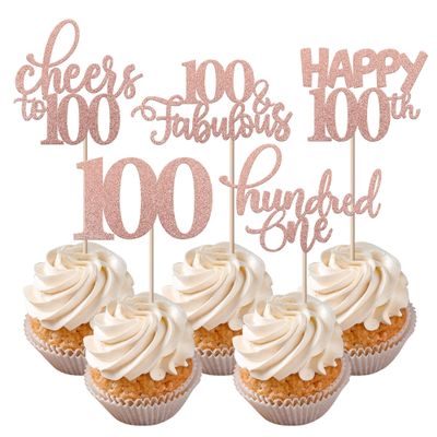 Rsstarxi 30 Pack Happy 100th Birthday Cupcake Toppers Rose Gold Glitter One Hundred Cheers to 100 Years Old Cupcake Picks for 100th Birthday Anniversary Party Cake Decorations
