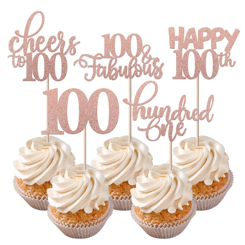Rsstarxi 30 Pack Happy 100th Birthday Cupcake Toppers Rose Gold Glitter One Hundred Cheers to 100 Years Old Cupcake Picks for 100th Birthday Anniversary Party Cake Decorations