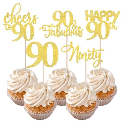 Rsstarxi30 Pack Happy 90th Birthday Cupcake Toppers Gold Glitter Ninty Cheers to 90 Years Old Cupcake Picks for Anniversary Party Cake Decorations