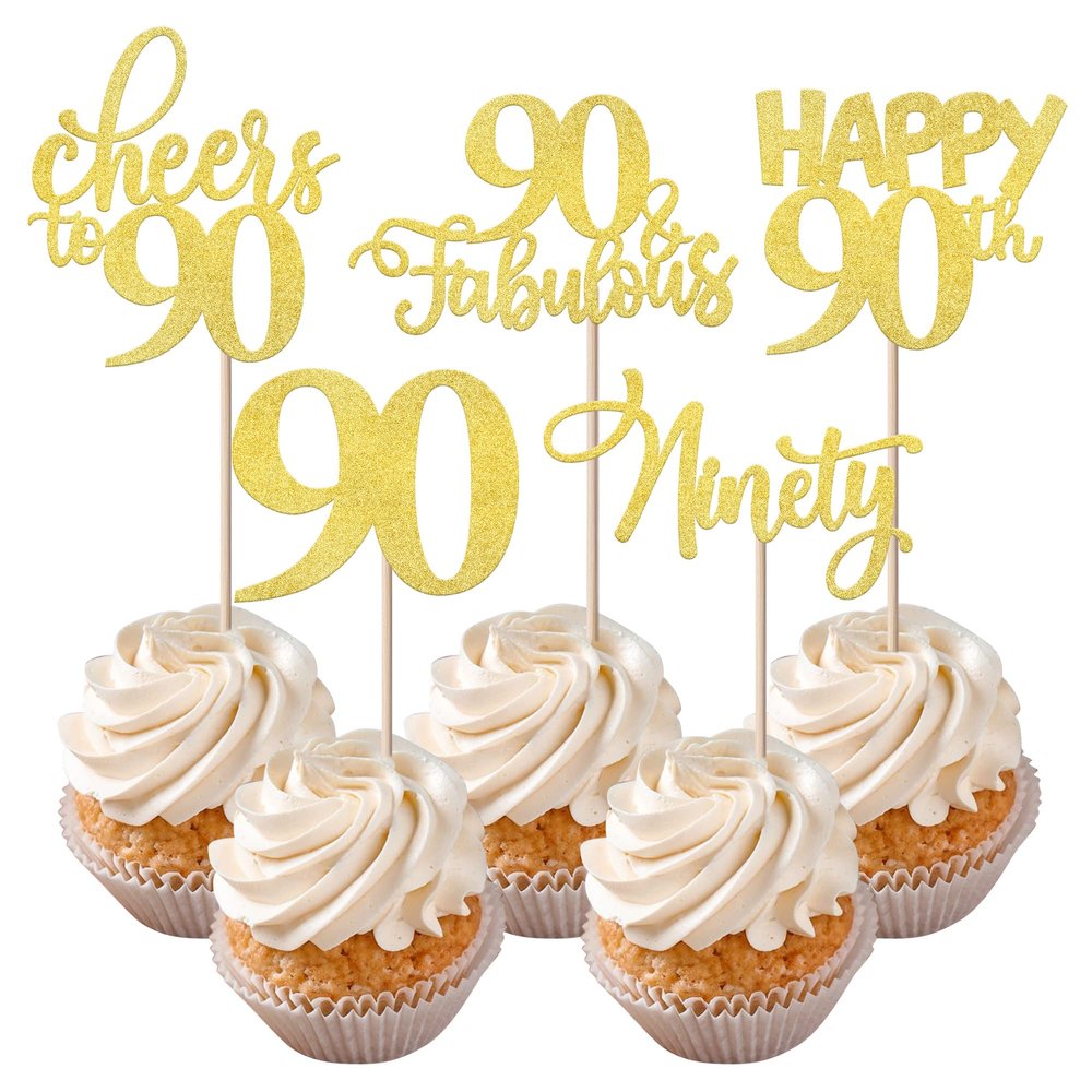 Rsstarxi30 Pack Happy 90th Birthday Cupcake Toppers Gold Glitter Ninty Cheers to 90 Years Old Cupcake Picks for Anniversary Party Cake Decorations