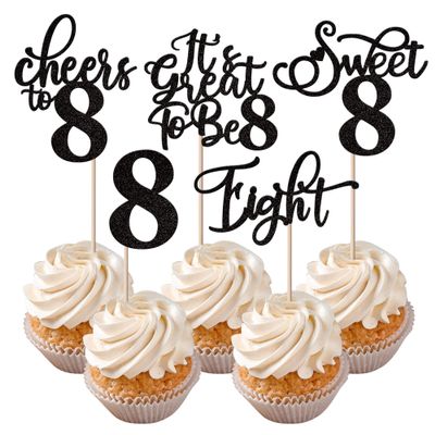 Rsstarxi 30 Pack 8th Birthday Cupcake Toppers Black Glitter Eight Hello 8 Cupcake Picks Cheers to 8 Years Old Cake Decorations for 8th Birthday Party Supplies