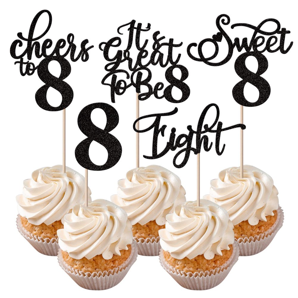Rsstarxi 30 Pack 8th Birthday Cupcake Toppers Black Glitter Eight Hello 8 Cupcake Picks Cheers to 8 Years Old Cake Decorations for 8th Birthday Party Supplies