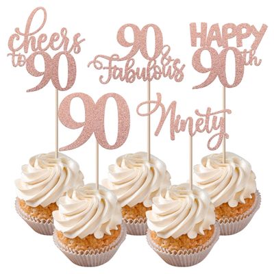 Rsstarxi30 Pack Happy 90th Birthday Cupcake Toppers Rose Gold Glitter Ninety Cheers to 90 Years Old Cupcake Picks for Anniversary Party Cake Decorations