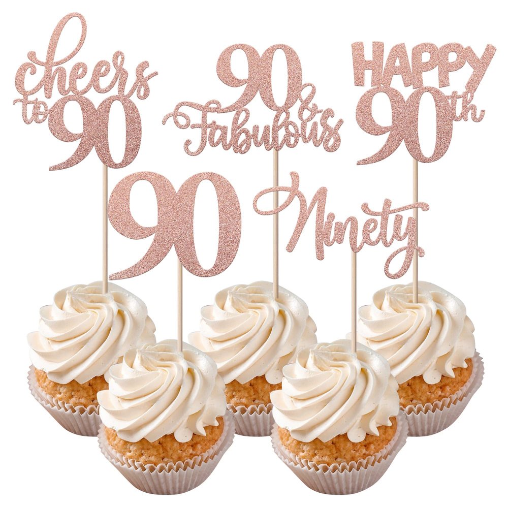 Rsstarxi30 Pack Happy 90th Birthday Cupcake Toppers Rose Gold Glitter Ninety Cheers to 90 Years Old Cupcake Picks for Anniversary Party Cake Decorations