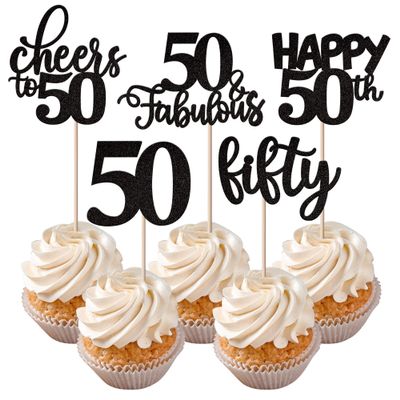 Rsstarxi 30 Pack Happy 50th Birthday Cupcake Toppers Black Glitter Fifty Cheers to 50 Years Old Cupcake Picks for 50th Birthday Anniversary Party Cake Decorations Supplies