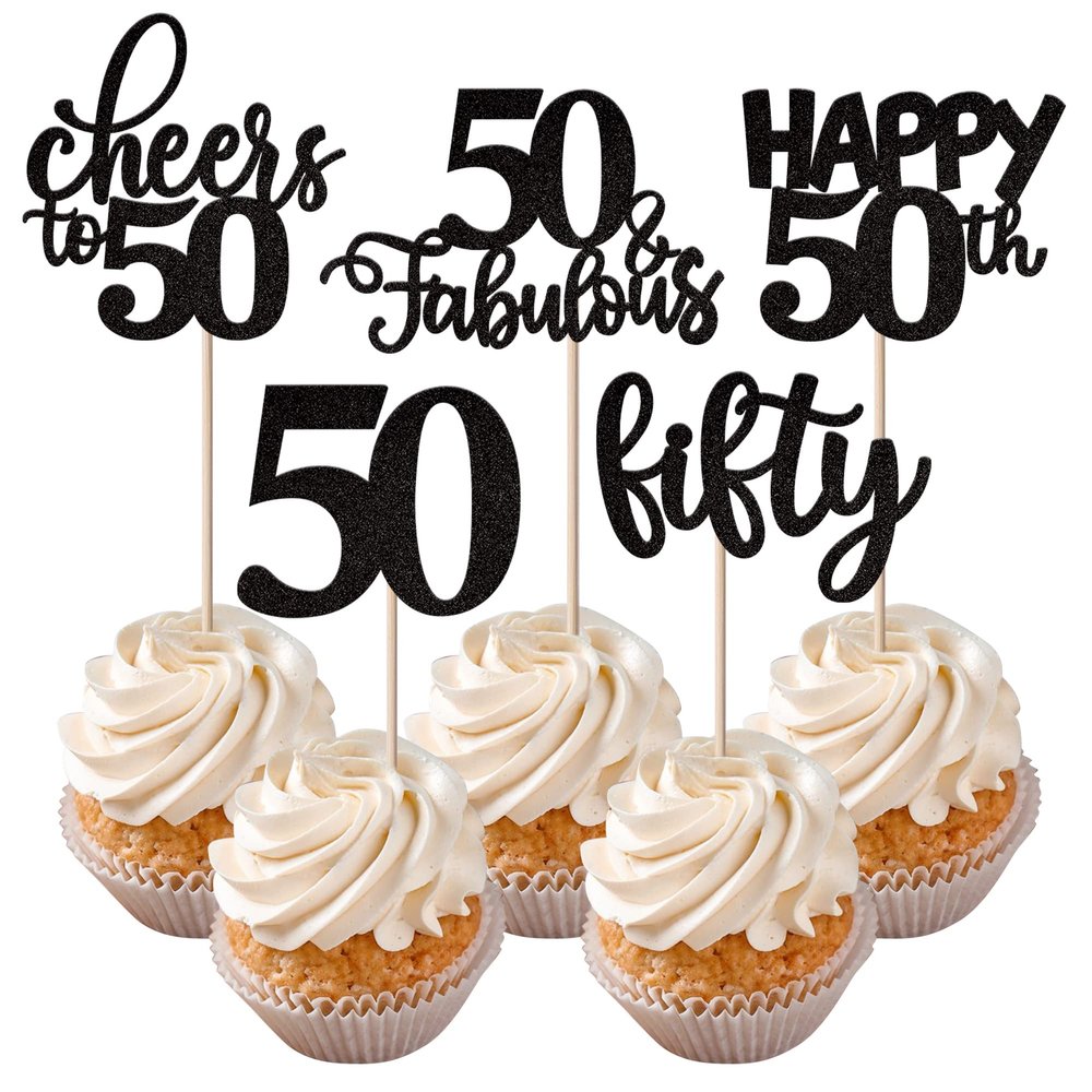 Rsstarxi 30 Pack Happy 50th Birthday Cupcake Toppers Black Glitter Fifty Cheers to 50 Years Old Cupcake Picks for 50th Birthday Anniversary Party Cake Decorations Supplies