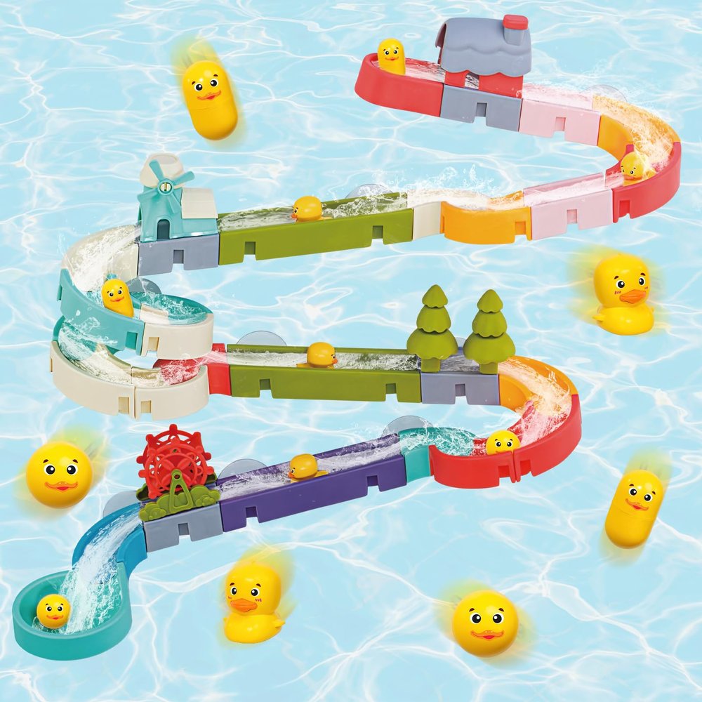 Aprilwolf Duck Slide Bath Toys for Kids Ages 4-8, Wall Track Building Set for 5-7 Years Old, Fun DIY Kit Birthday Gift for Toddler Boys & Girls (52 PCS)
