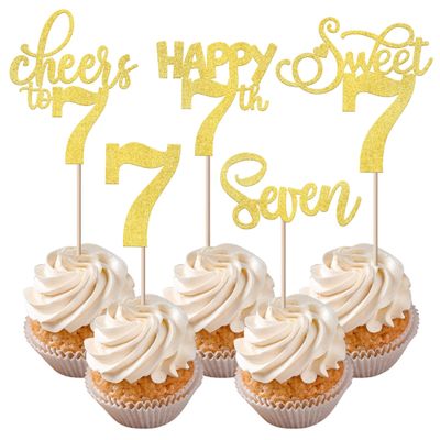 Rsstarxi 30 Pack 7th Birthday Cupcake Toppers Gold Glitter Seven Happy 7 Cupcake Picks Cheers to 7 Years Old Cake Decorations for 7th Birthday Party Supplies