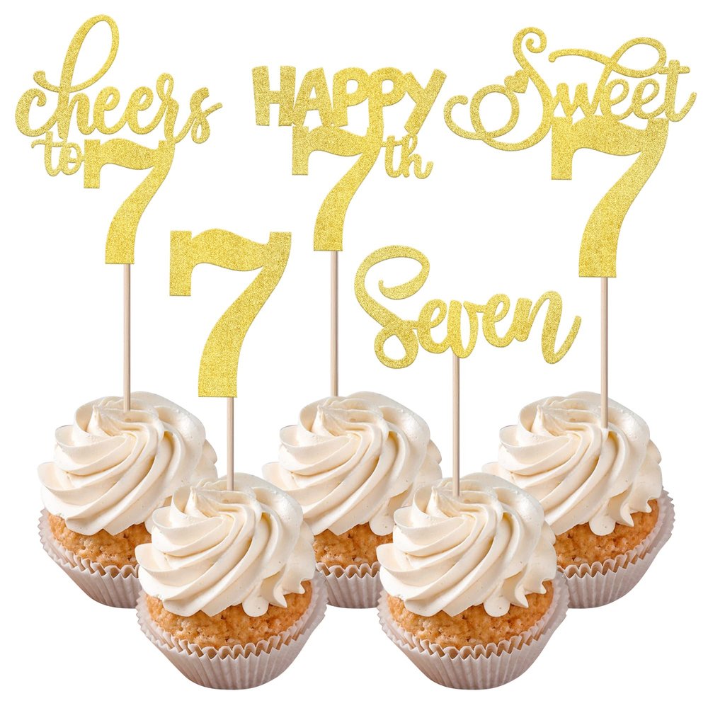 Rsstarxi 30 Pack 7th Birthday Cupcake Toppers Gold Glitter Seven Happy 7 Cupcake Picks Cheers to 7 Years Old Cake Decorations for 7th Birthday Party Supplies