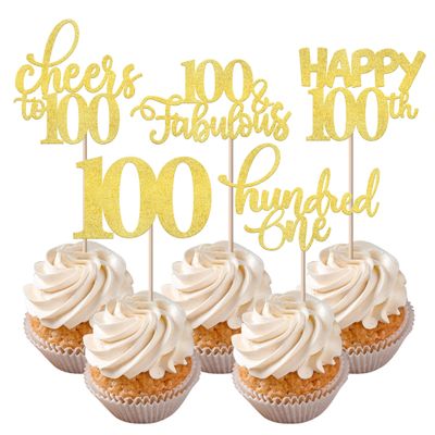 Rsstarxi 30 Pack Happy 100th Birthday Cupcake Toppers Gold Glitter One Hundred Cheers to 100 Years Old Cupcake Picks for 100th Birthday Anniversary Party Cake Decorations
