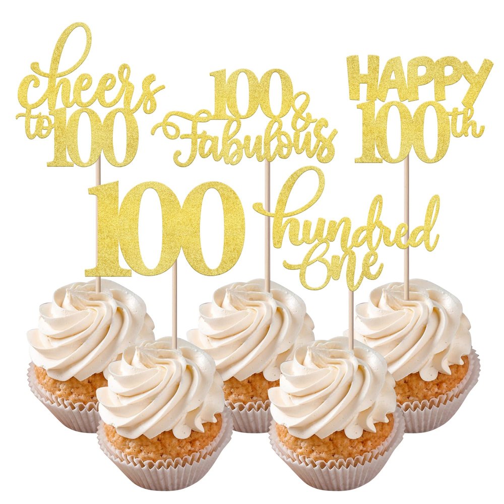 Rsstarxi 30 Pack Happy 100th Birthday Cupcake Toppers Gold Glitter One Hundred Cheers to 100 Years Old Cupcake Picks for 100th Birthday Anniversary Party Cake Decorations