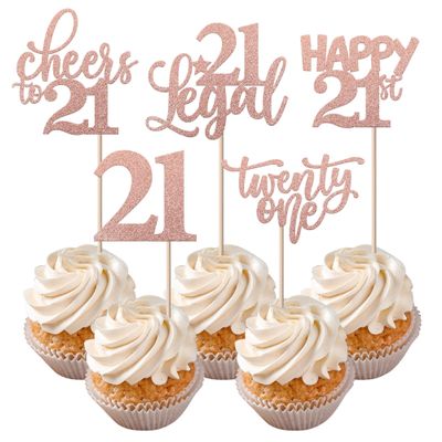 Rsstarxi 30 Pack 21st Birthday Cupcake Toppers Rose Gold Glitter Twenty One Legal Cupcake Picks Cheers to 21 Years Old Cake Decorations for 21st Birthday Anniversary Party Supplies