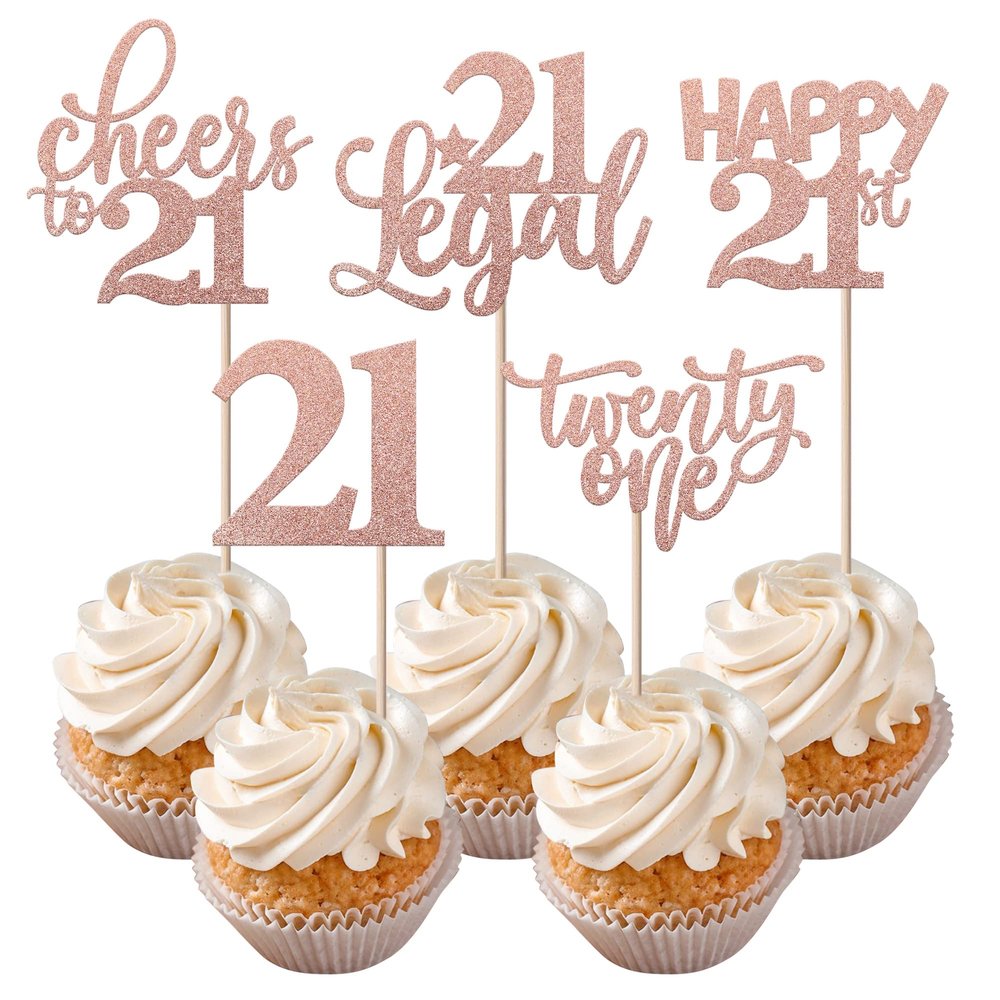 Rsstarxi 30 Pack 21st Birthday Cupcake Toppers Rose Gold Glitter Twenty One Legal Cupcake Picks Cheers to 21 Years Old Cake Decorations for 21st Birthday Anniversary Party Supplies